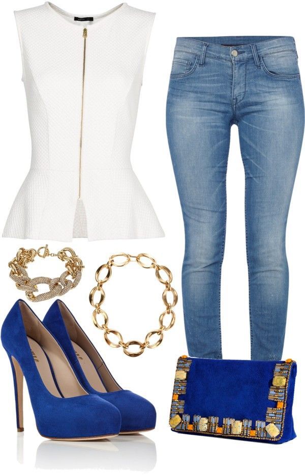 “White Peplum Top w/ Light Wash Jeans  liked on Polyvore