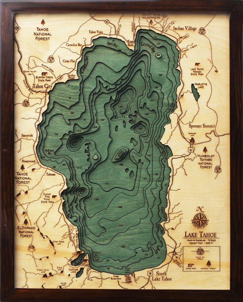 a bathymetric chart (the underwater equivalent of a topographic map) of Lake Tahoe. Laser cut out of wood  16″ x 20″ Lake Tahoe
