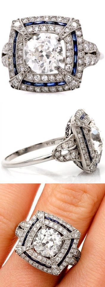 Antique Art Deco 3.30cts European-Cut Diamond & Sapphire Platinum Engagement Ring, from the 1930s.