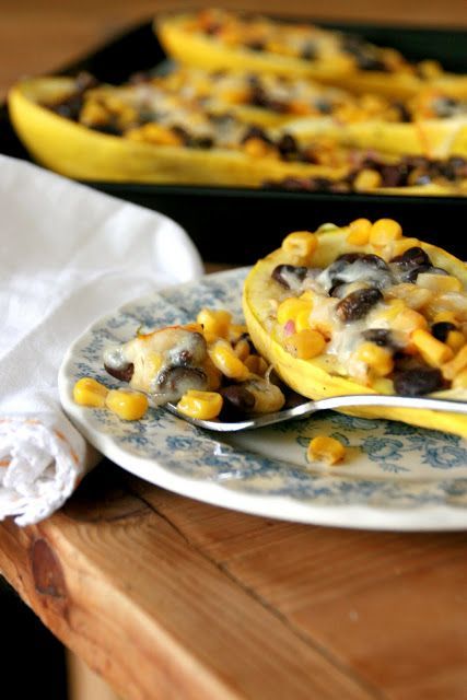baked yellow squash, black beans + corn, although Id make it with fewer carbs somehow. Great idea.