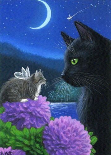 Black Cat Fairy Kitten Moon Mums Night Garden Original ACEO Painting Art | eBay – $163.50 – star-filled-sky