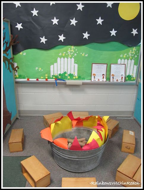 Camping learning center with fire pit for Henry and Mudge and the Starry Night. How fun! Would love to have the kids create the
