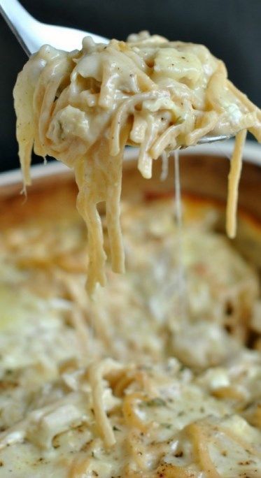 Chicken Tetrazzini ~ Uses 2 cans cream of chicken soup and 2 cups sour cream. Sounds rich and delicious.