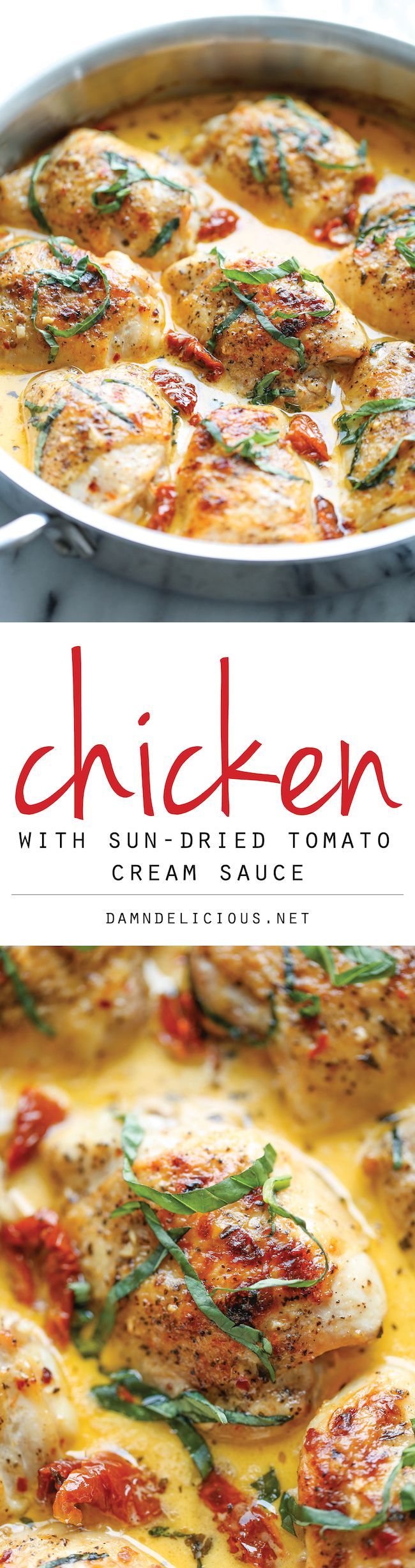 Chicken with Sun-Dried Tomato Cream Sauce – Crisp-tender chicken in the most amazing cream sauce ever. Its so good, youll want to