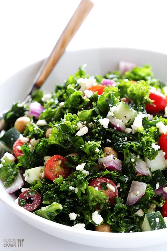 Chopped Kale Greek Salad |  Salad:1 large bunch (about 10 ounces) kale leaves, finely chopped; 1 pint cherry or grape tomatoes,