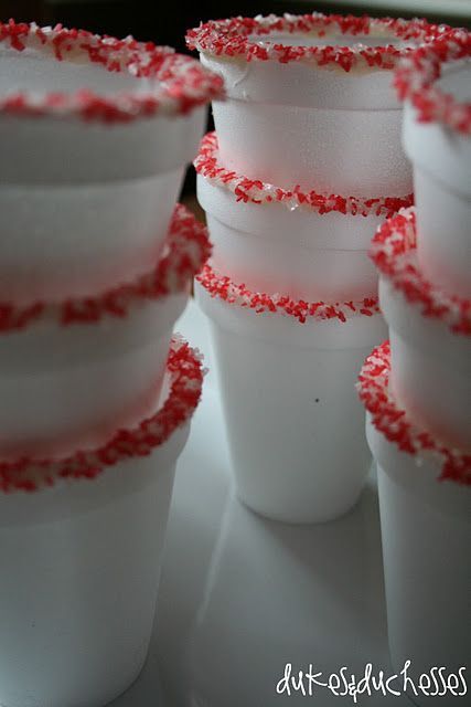Christmas idea…Cocoa cups edged with peppermint sprinkles. Or you could always use mugs, as to not waste styrofoam…
