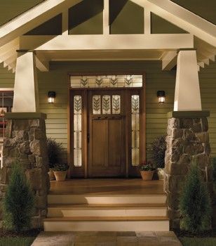 Craftsman Exterior/Front Door with Stained Beaded Glass Sidelights in Wheat Pattern