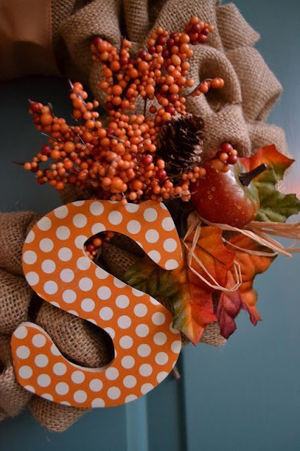 Cute colors for a  wooden letter… for a Fall burlap wreath.  Orange with white polka dots.