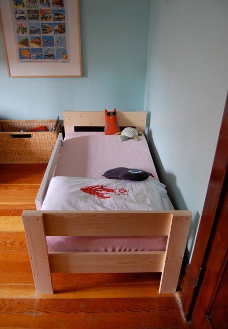 DIY Toddler Bed for $20 – cheaper, would guess its much sturdier and is safe for toddler.