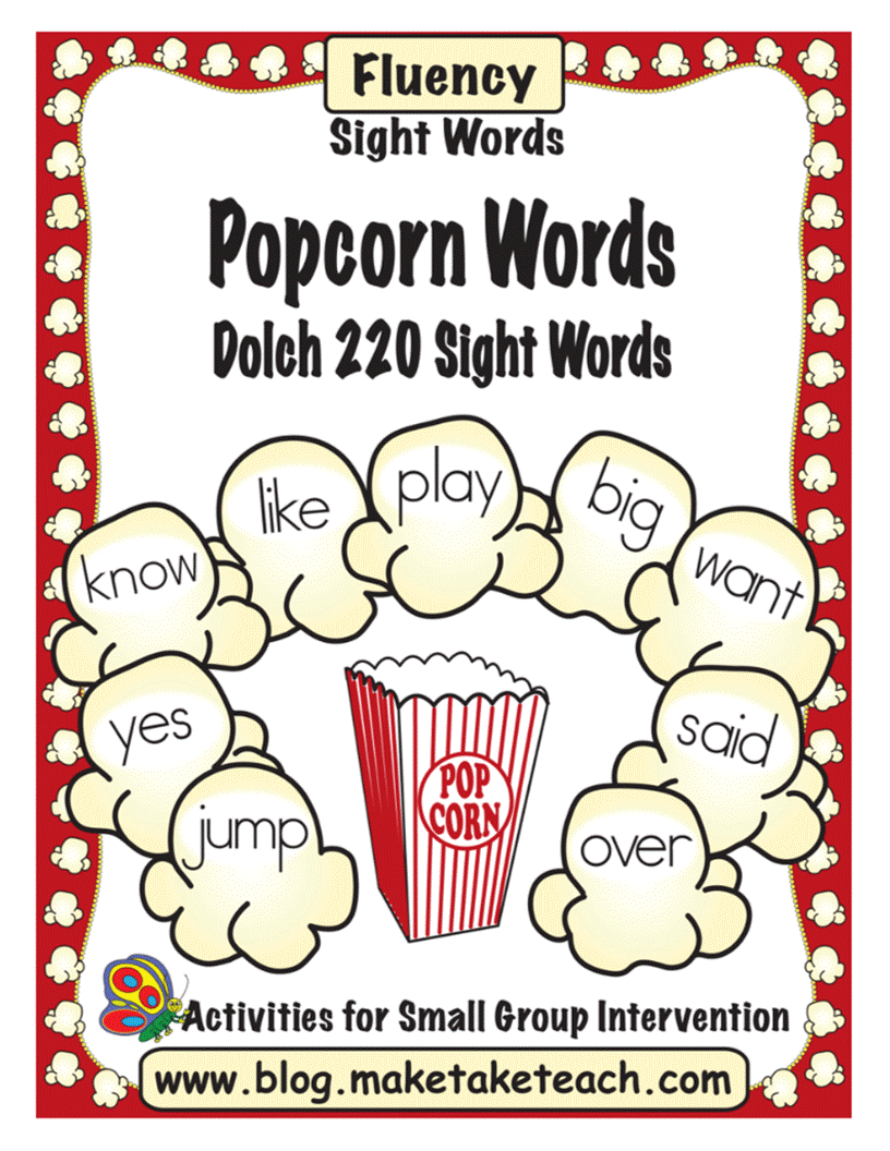 Dolch 220 sight words printed on colorful popcorn kernels.  Great for classroom walls.