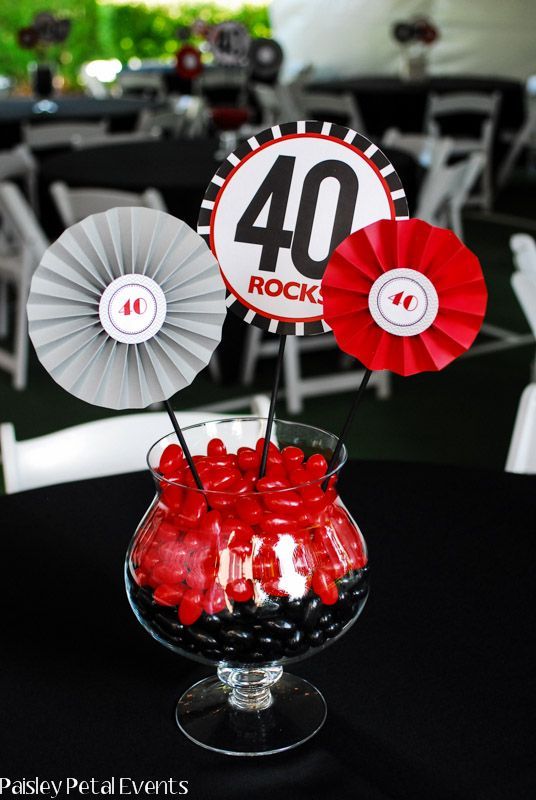 Easy 40th birthday party centerpieces using jellybeans as the base with colorful mini round fans as toppers.