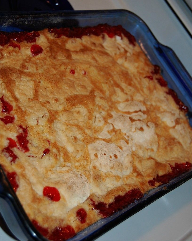 Easy cherry cobbler with 3 ingredients!!  Sounds soooo good!!Pour 1 can of cherry pie filling in the bottom of a 9 x 13 cake pan;