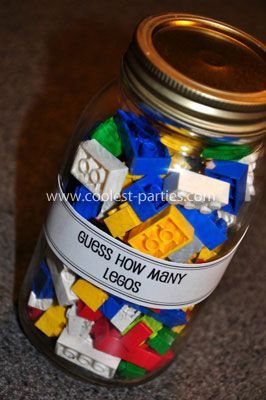 Fun game idea for a Lego-themed party.  Put Legos in a jar, they have to guess how many.  The one who comes closest gets the jar