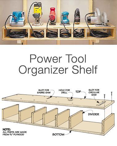 Garage Storage on a Budget • Ideas and tutorials, including “how to make an organizer tool shelf” by Woodworking Tips…