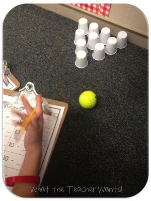 Great idea for subtraction. Set up ten cups, have the students bowl the tennis ball towards the cups, and create a subtraction