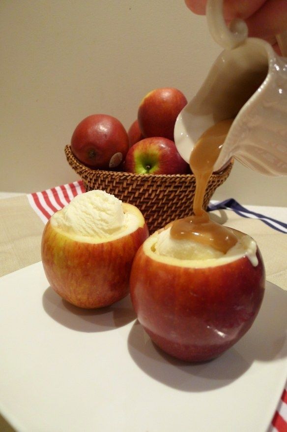 Hollow out apples and bake with cinnamon and sugar inside. After its done baking, fill with ice cream and caramel.