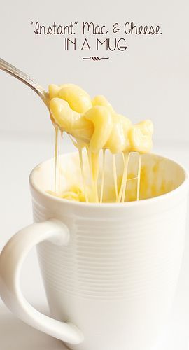 Instant Mac & Cheese in a mug! 1/3 cup pasta 1/2 cup water 1/4 cup milk 1/2 cup shredded cheddar cheese