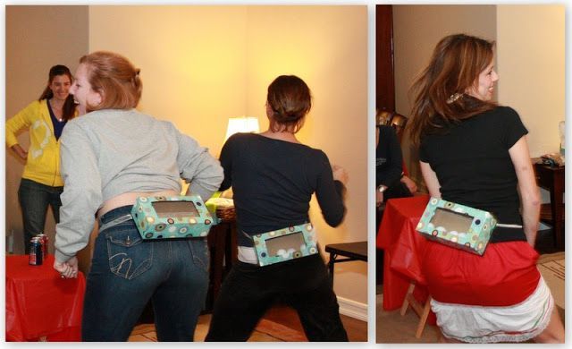 Junk in the Trunk Game!    (Attach an empty rectangle tissue box around the waist and fill it with 8 ping pong balls.  Contestant