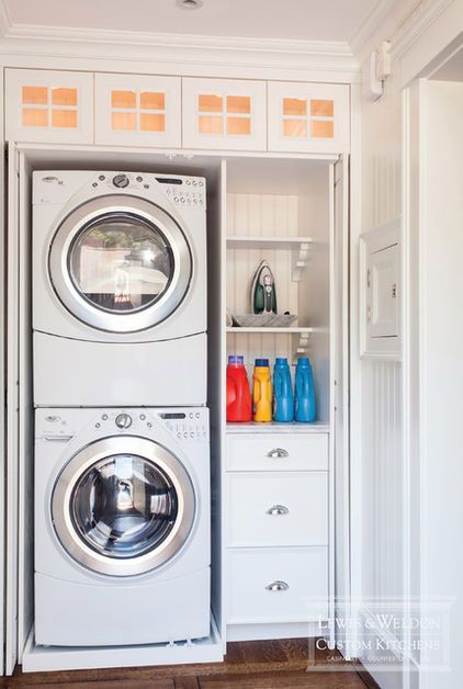Laundry closet–like the way these doors slide back…interesting idea to stack – do we have enough room?