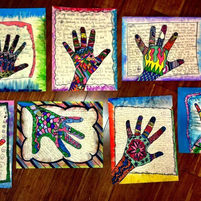 LOVE! Self portrait hand prints – dewestudio lesson Have the students write about their year.  What did they think __grade was