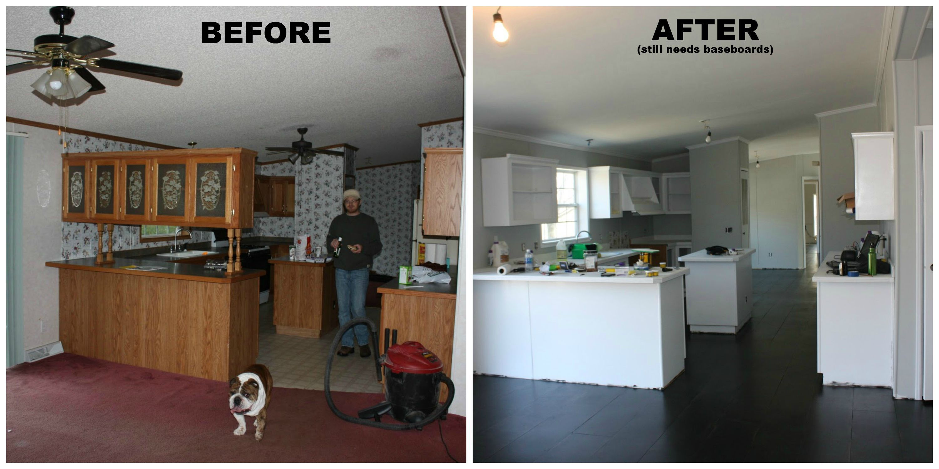 Manufactured home kitchen renovation: carpet replaced with plywood plank floors. By Erin Westrate & husband at “All Quiet on the