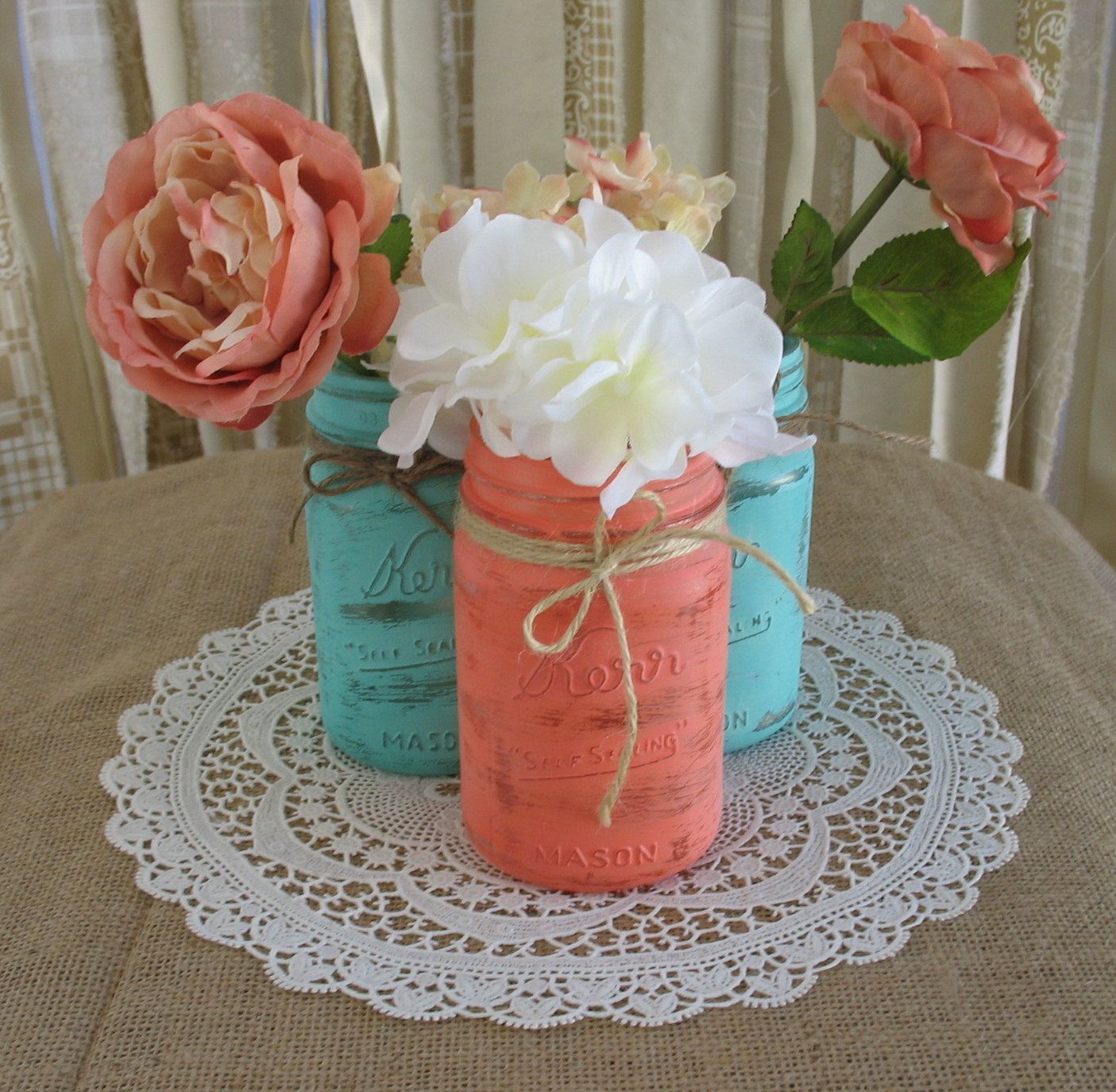 Mason Jars, Ball jars, Painted Mason Jars, Flower Vases, Rustic Wedding Centerpieces, turquoise and coral mason jars. $24.00, via