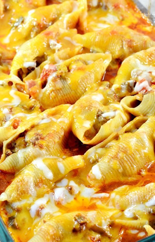 Mexican Stuffed Shells Recipe ~ filled with a ground beef and cream cheese mixture, cooked in a bath of enchilada sauce and salsa