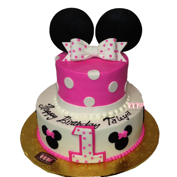1744) 2 Tier 1st Birthday Cake with Pink Minnie Mouse Ears - ABC Cake ... -   Minnie Mouse First Birthday Party Ideas