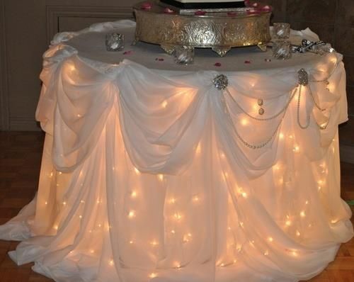 Neat idea.  lights under the table linens for your wedding cake table….or any special occasion.