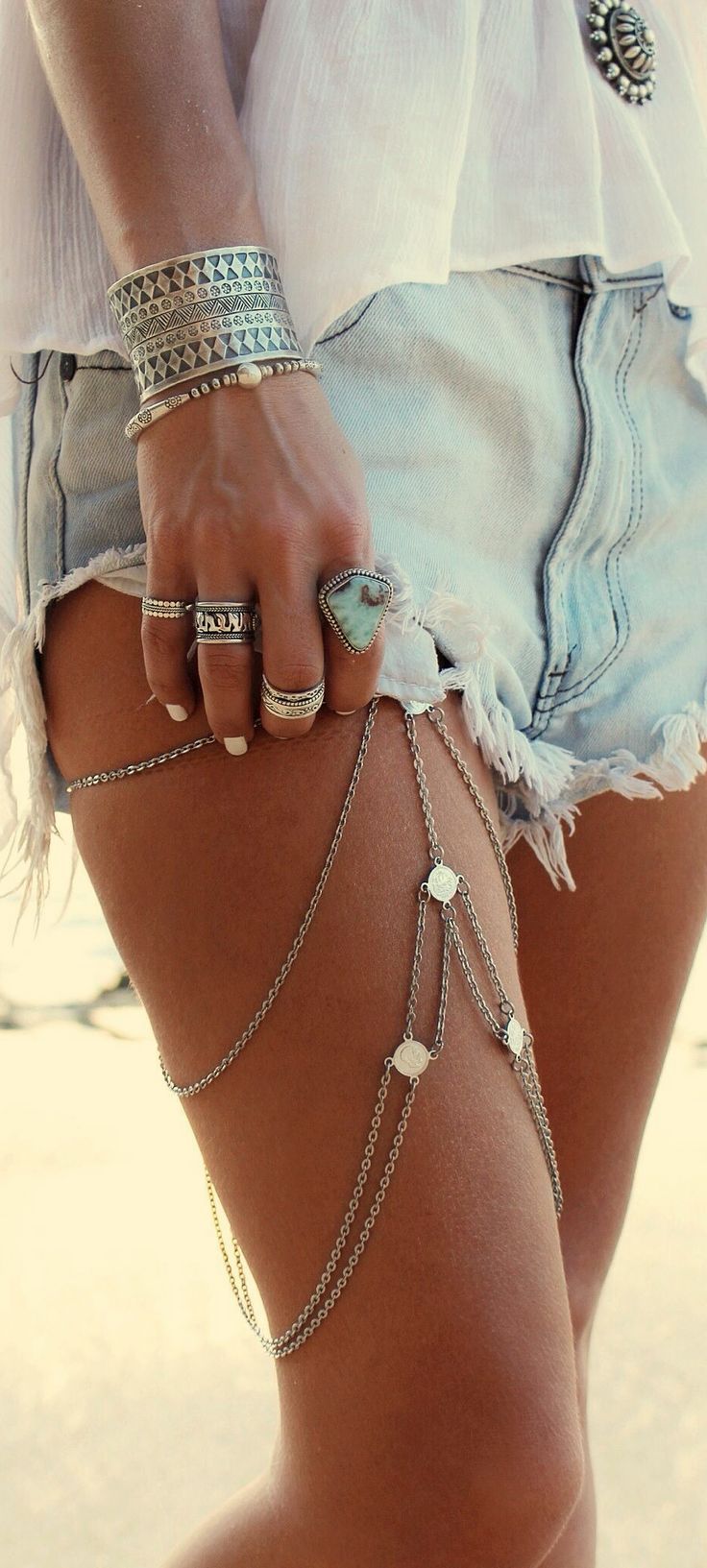 Oh, I like this, too. Thigh chain jewelry, easy to reproduce as handmade. Shorts and chains.