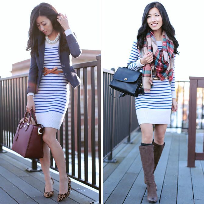 #oldnavy striped sweater dress outfit with blazer or boots + scarf. So cozy and soft. Needed torso alterations FYI