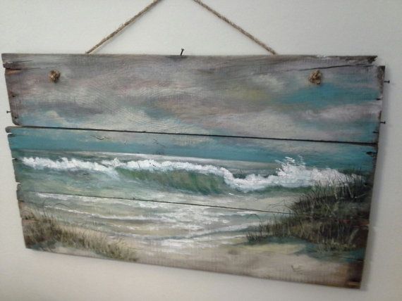 Original ocean seascape painting on Reclaimed Wood Shabby Beach Cottage Primitive Folk Art wallhanging wall decor