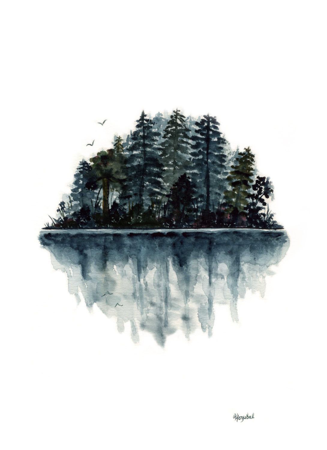 Original Watercolor Painting Forest Lake Reflection Birds Landscape Water Fir Trees Blue Green Black Silhouette 9×12 Abstract