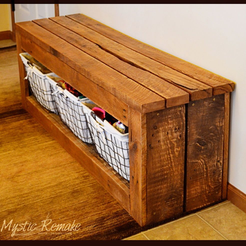 Pallet Wood Storage Bench – Good for that shoe storage so shoes arent lying around the house everywhere (pet peeve of mine) LN