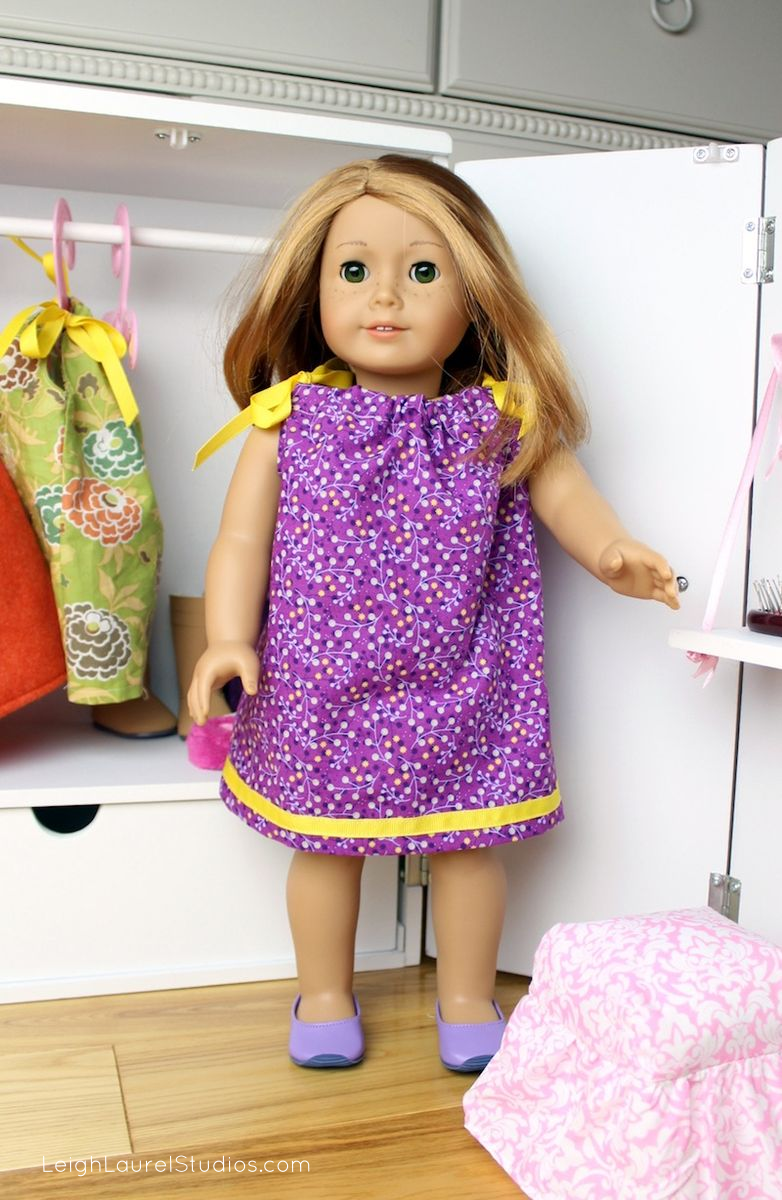 Pattern and tutorial for a pillowcase dress with ribbon trim for an 18″ doll. Fits American Girl dolls. Link to pattern to make a
