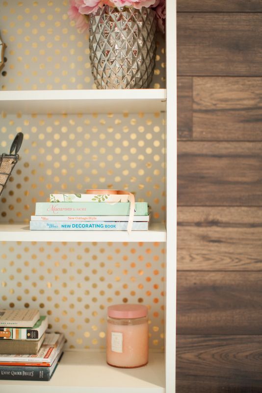 Polka Dot Wrapping Paper Backed Bookcase Update the Look Behind Your Books {9 Easy Ideas}