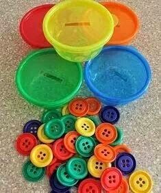 Preschool/Kindergarten: Color Match Use empty colored play dough tubs to sort buttons! Then count the buttons in each one. Correct