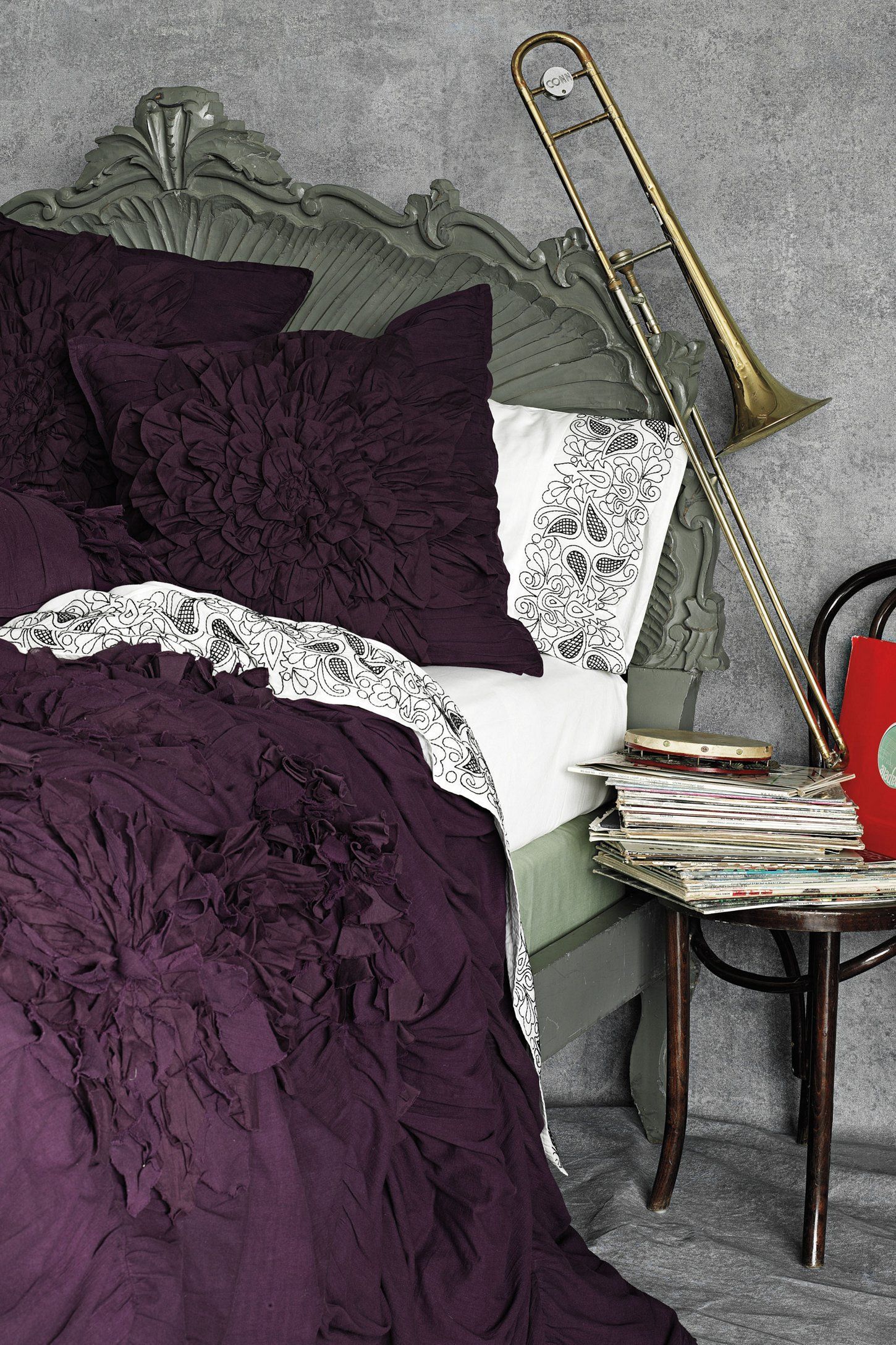 Purple and gray and trombone! Gorgeous duvet cover, and on sale!  (oh wait… its still $142…)