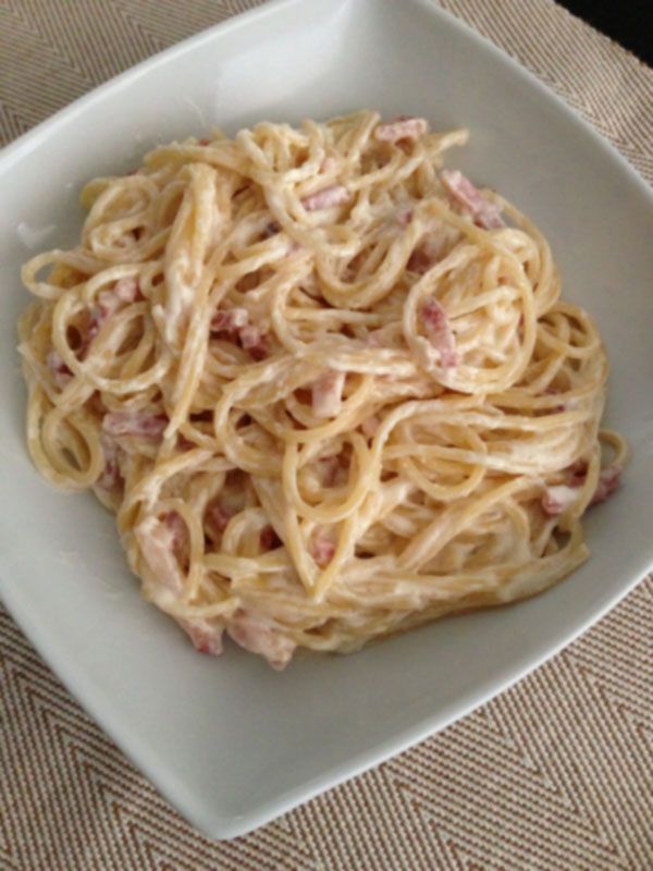 Receta de Espagueti a la carbonara sin huevo de dificultad Muy fácil para 4 personas lista en 30 minutos.
