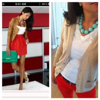 Red jeans/pants + white  shirt + mint necklace + light tan sweater = business casual / weekend outfit