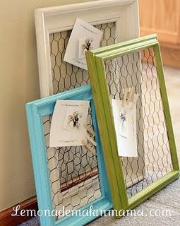 Repurpose frames and chicken wire into chic memo boards! These would make great jewelry hangers also!