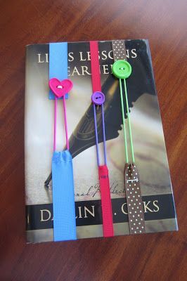 Ribbon Bookmark: made from ribbon, buttons, and an elastic hair-tie! (Great for kids to practice sewing skills)