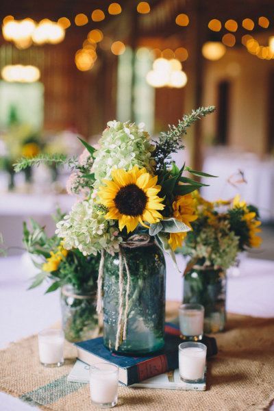 Rustic Wedding Centerpieces Mason Jars | Sunflower and aqua mason jar centerpieces with burlap. {source: Olivia …