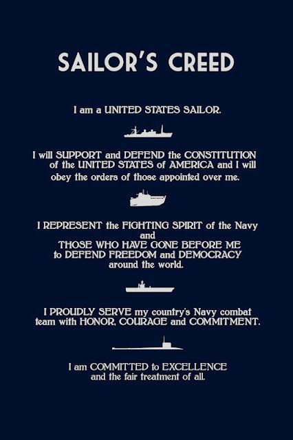 Sailors Creed. Hearing hundreds of new sailors reciting as one voice at husbands bootcamp graduation was one of the most moving