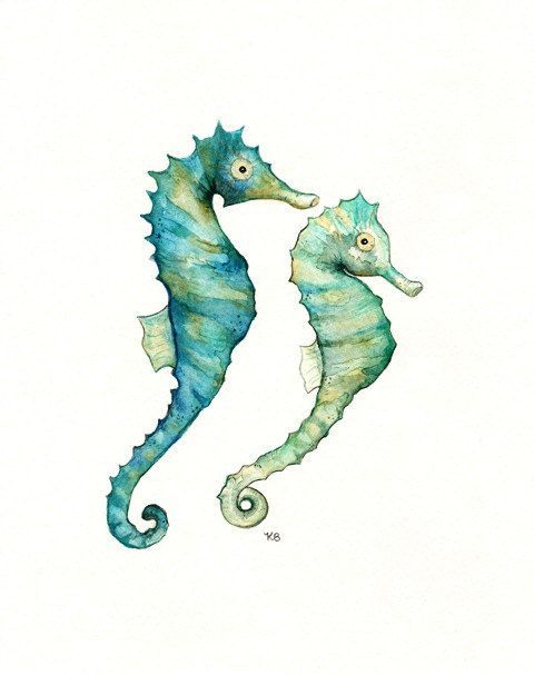 Seahorse Love /watercolor print/teal/light green/aqua/tan/sea/ocean life/ Archival Print. via Etsy.