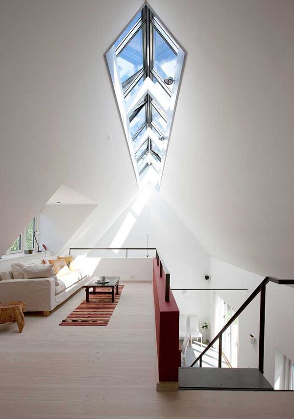 Simplicity with light wood, whites, black, and deep red, and an unbelievable skylight