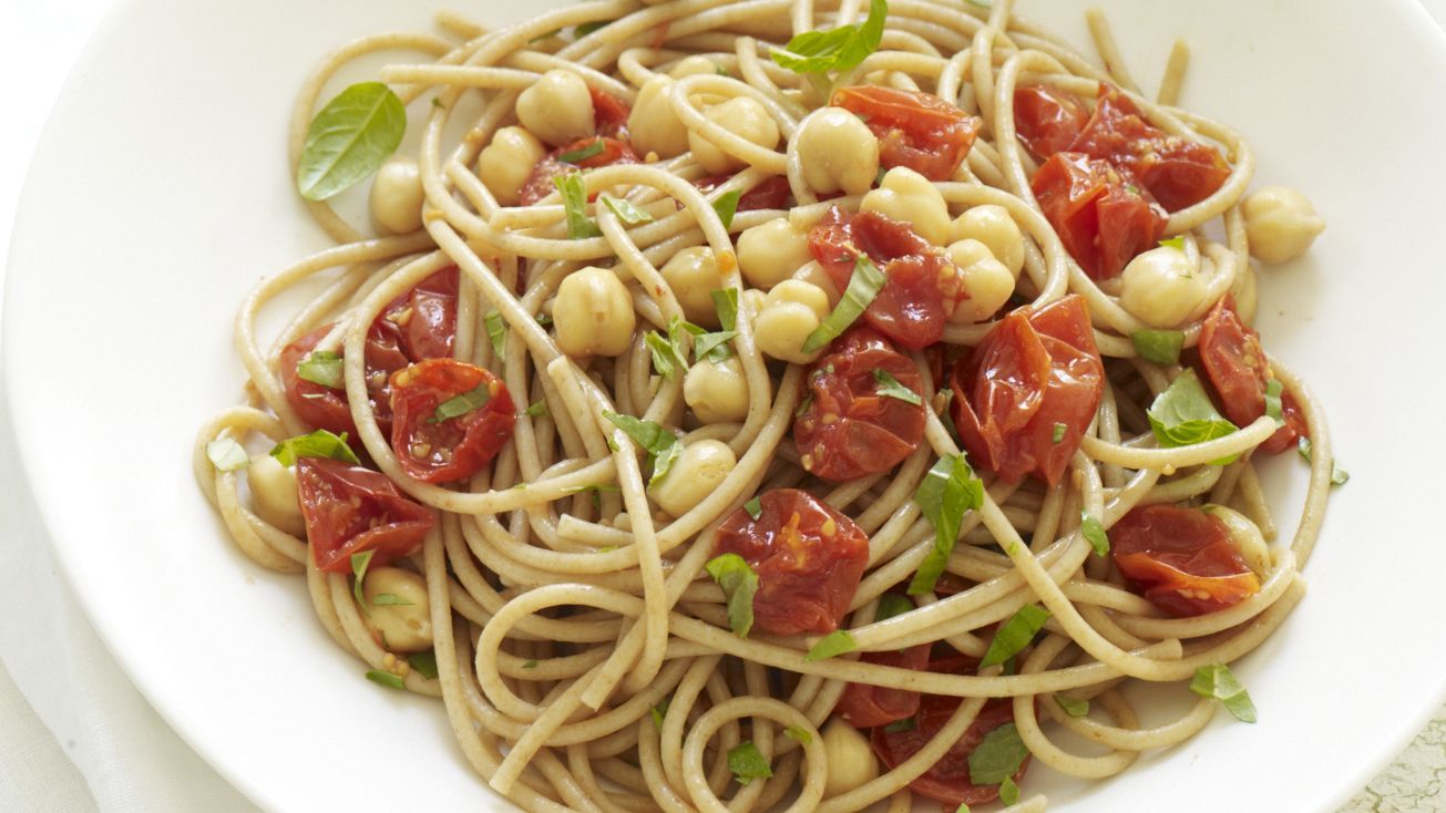 Spaghetti with Roasted Tomatoes, Chickpeas, and Basil #recipe