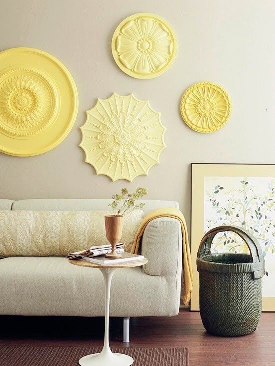 Spray paint ceiling rosettes from Home Depot ($8-20 per rosette)  great idea for the wall decor! @ DIY Home Ideas