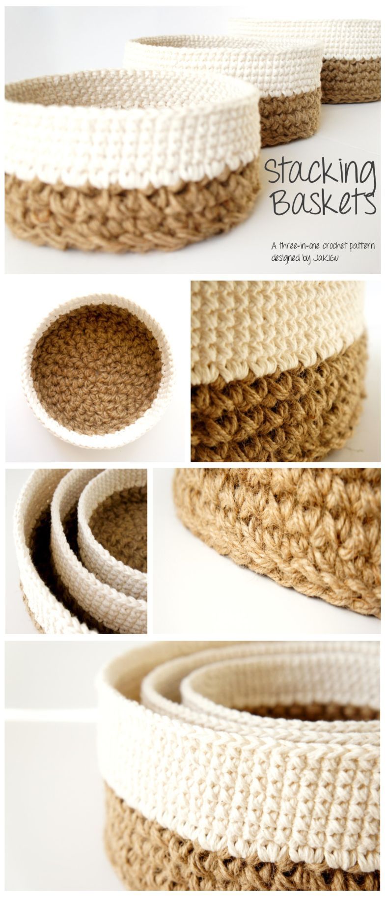 Stacking Baskets Crochet Pattern by JaKiGu – Three nesting baskets worked in jute and cotton