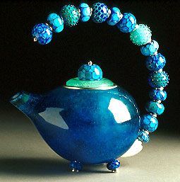 “Teapot – 2000″  Blue – approximately  6.5″ x 6.5″ x 3.75”, pte de verre,  lampwork glass, fine & sterling silver